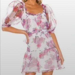 For Love & Lemons Organza Puff Sleeve Floral Dress (Small)